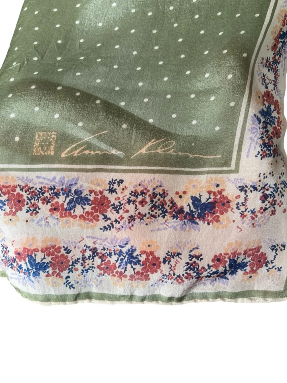 Vintage Anne Klein Long silk Scarf Floral Polka Dot Sheer Cottagecore